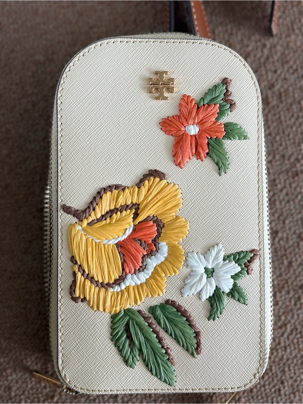 Tory Burch Cream Leather Zip Wristlet with Floral Embroidery